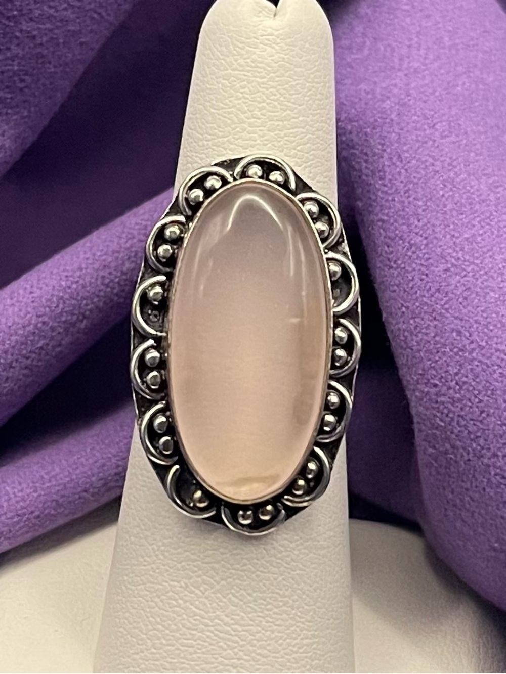 NWOT Vtg. .925 SS Oval Genuine Rose Quartz statement ring size 7.5 … 7.29 grams